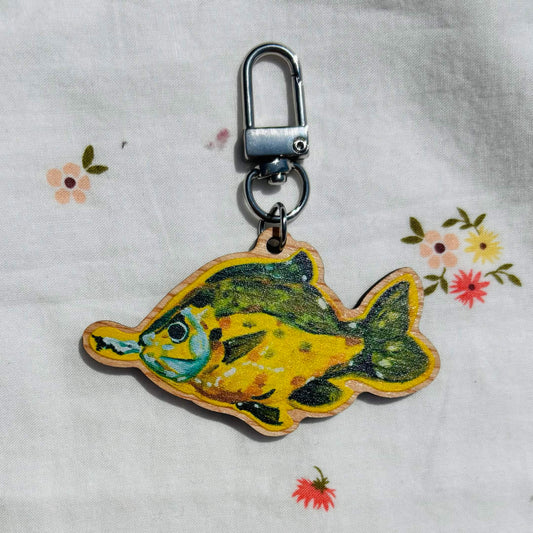 Smoking Fish Wood Keychain